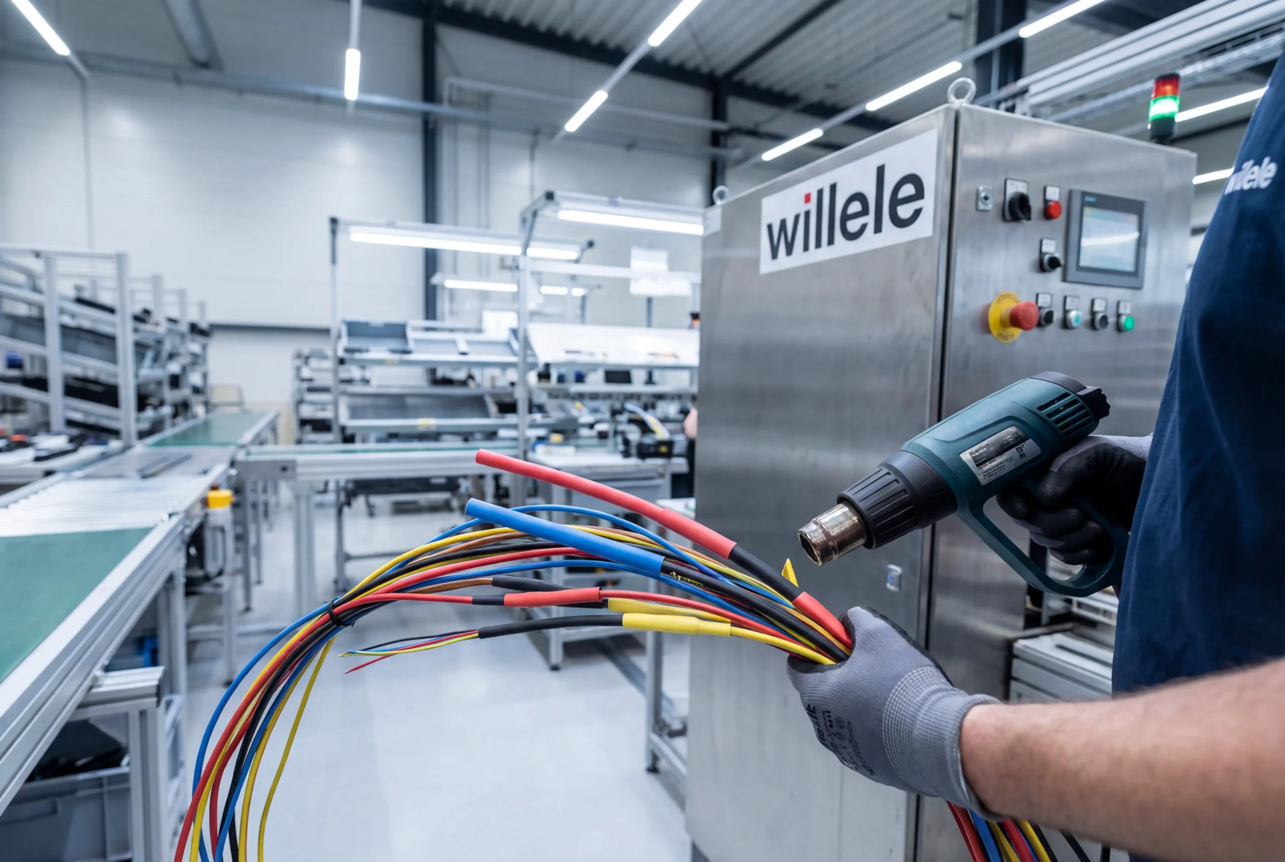 Professional application of Willele heat shrink tubes on electrical cables in industrial manufacturing facility