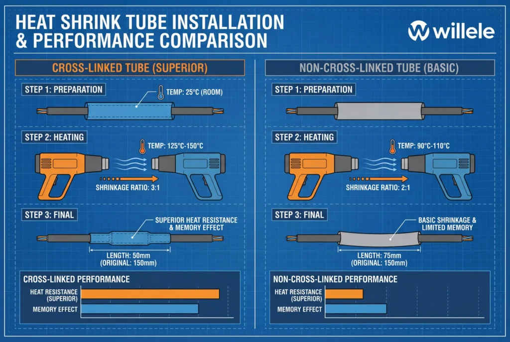 Annotated schematic showing performance comparison between cross-linked and non-cross-linked heat shrink tubes