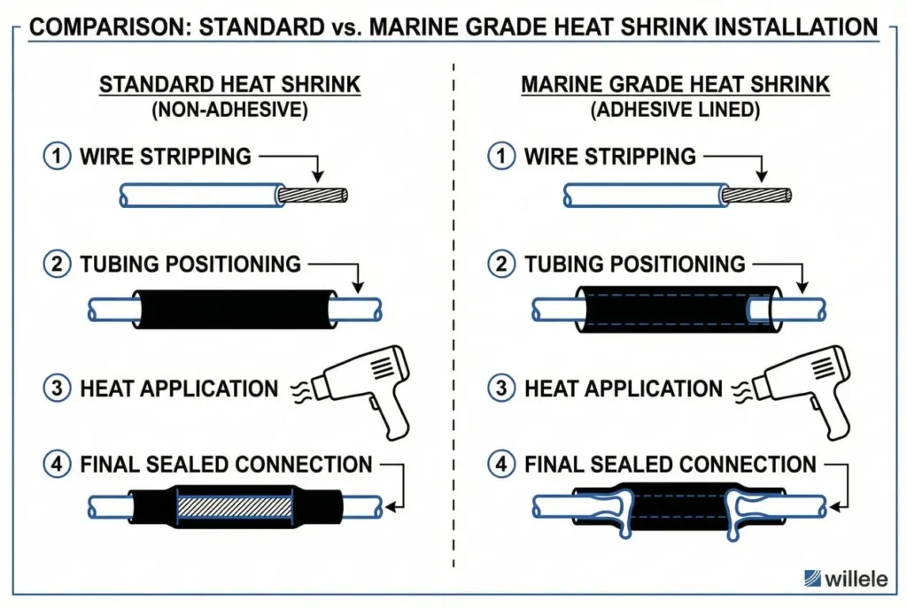 Technical schematic diagram comparing standard and marine grade heat shrink tubing installation process with step-by-step instructions and willele branding