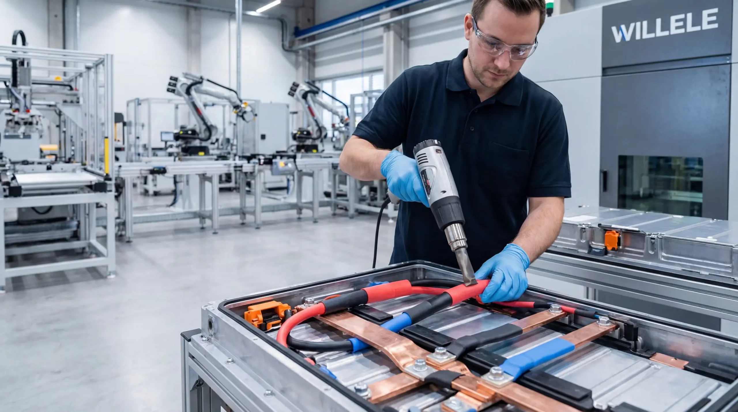 Technician applying Willele heat shrink tubing to EV battery pack bus bars in an industrial setting