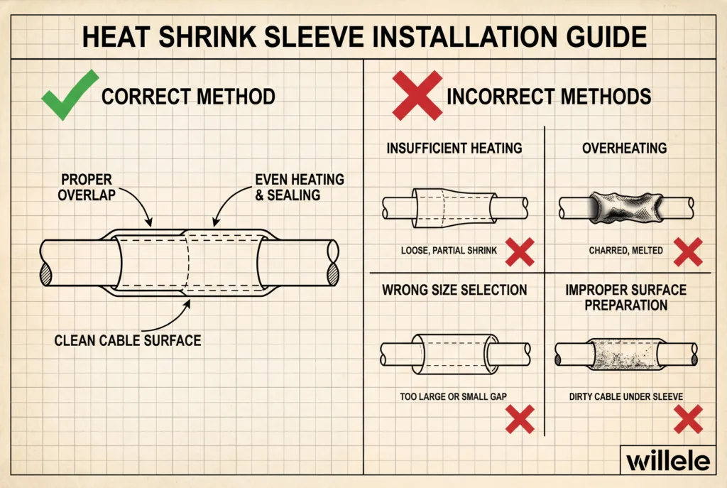 Willele Heat Shrink Installation - Common Mistakes Diagram